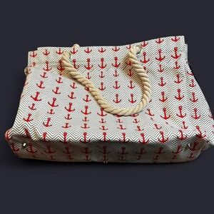 Nautical inspired‎ tote bag with red anchor print, rope handles